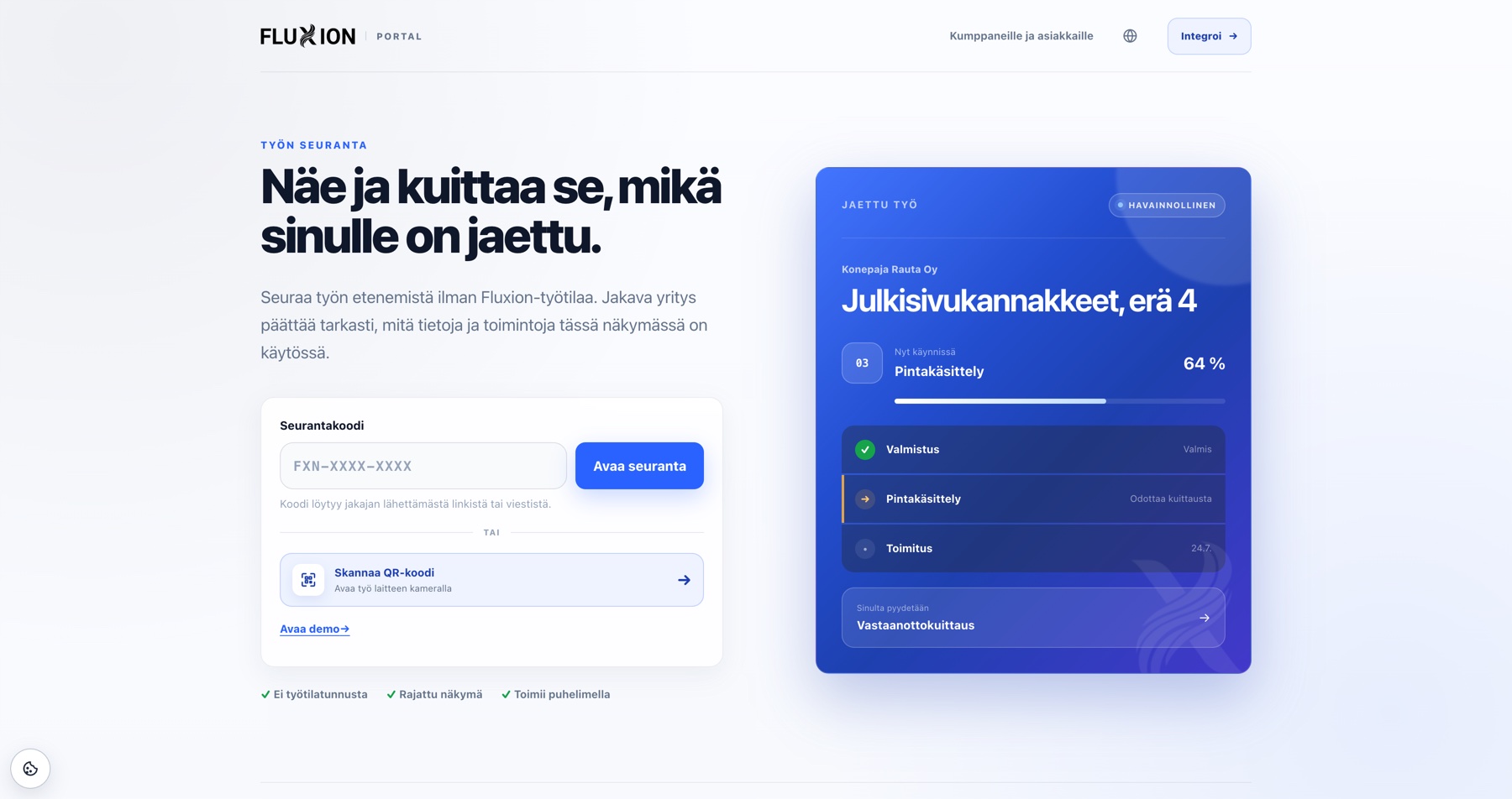 FluXion Portalin seurantanäkymä: seurantakoodin syöttö ja jaetun työn vaiheet